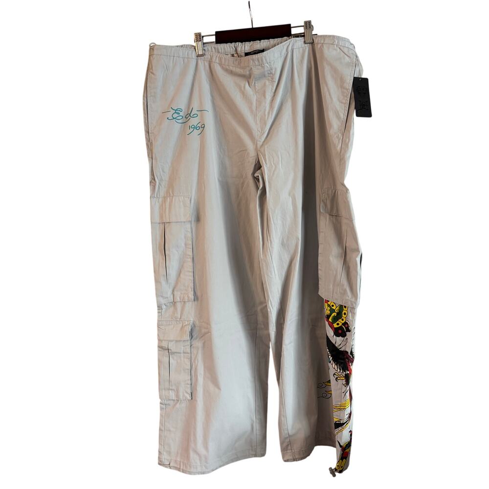 NWT ED HARDY Women’s Butterflies Poplin Cargo Pant Light Gray Size XL Streetwear